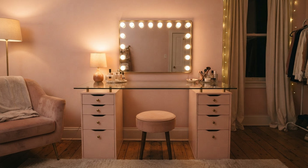 Bella Vanity Desk with Lighted Mirror & Drawers - in a room