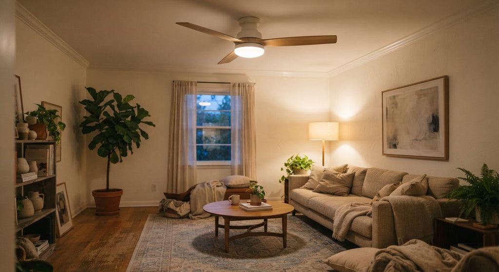 Brezza Wood-Blade Ceiling Fan Light - in a room