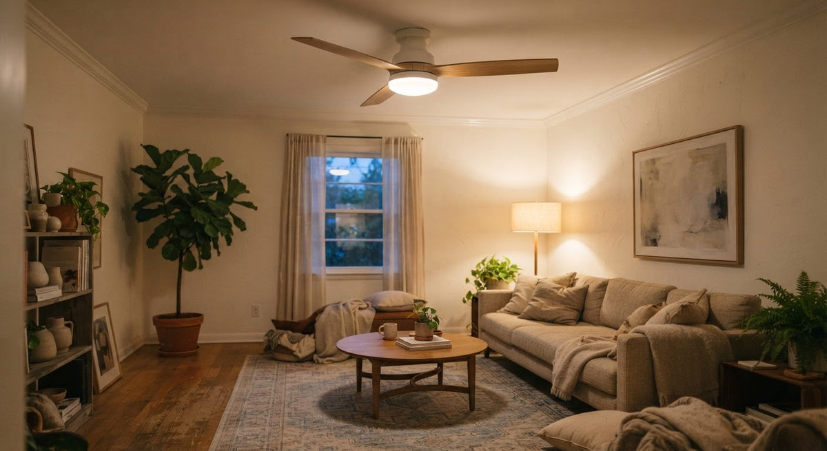 Brezza Wood-Blade Ceiling Fan Light - in a room
