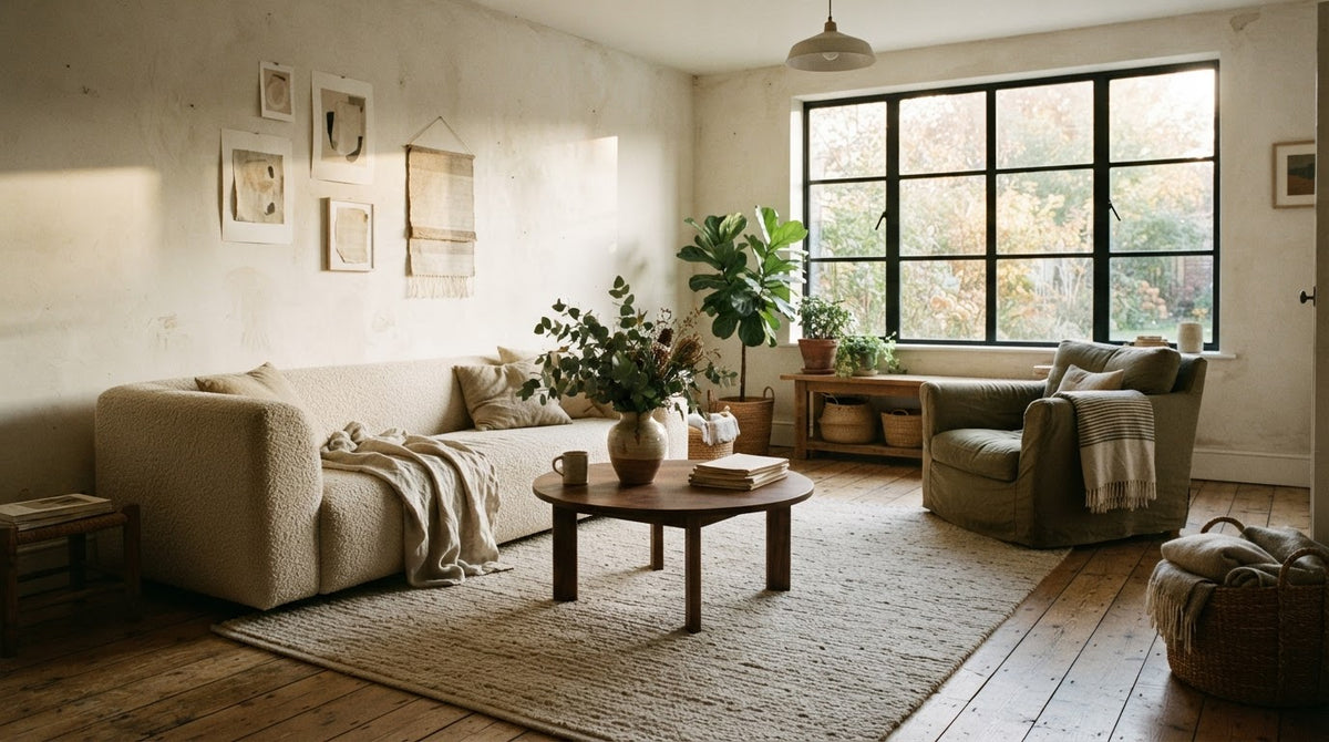 Living room with a boucle sofa and walnut coffee table